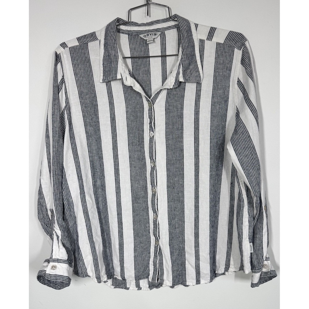 ORVIS Black Striped Linen Blend Roll Tab Sleeve Button Up Shirt Women's XXL